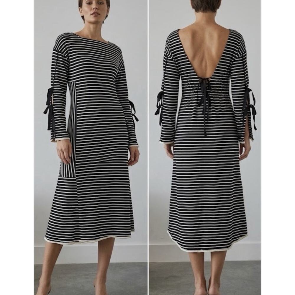 3.1 Phillip Lim Mixed Stripe Midi Dress Open Back Tie Sleeve Black White XS